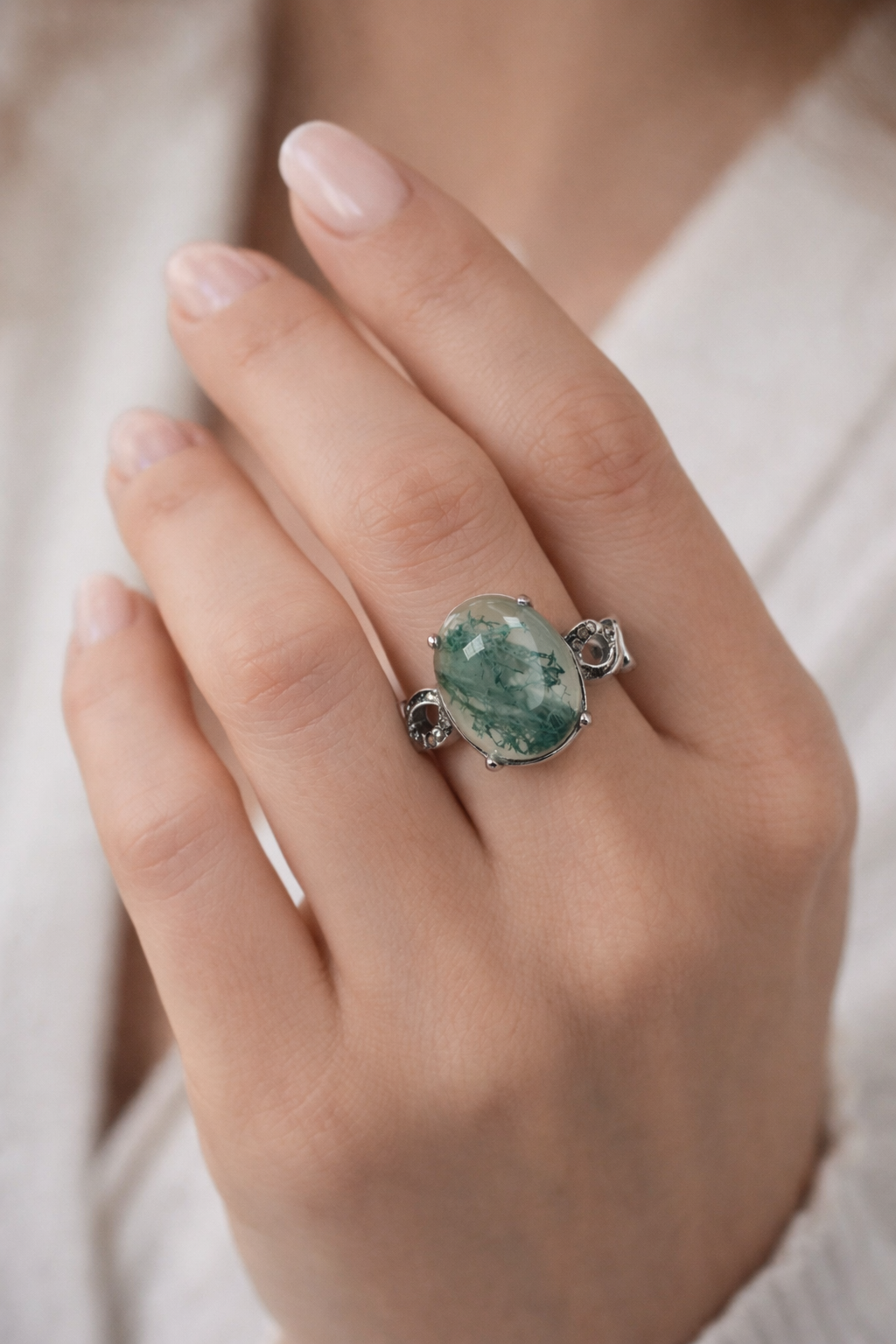 Natural Moss Agate Stainless Steel Rings 10x12mm