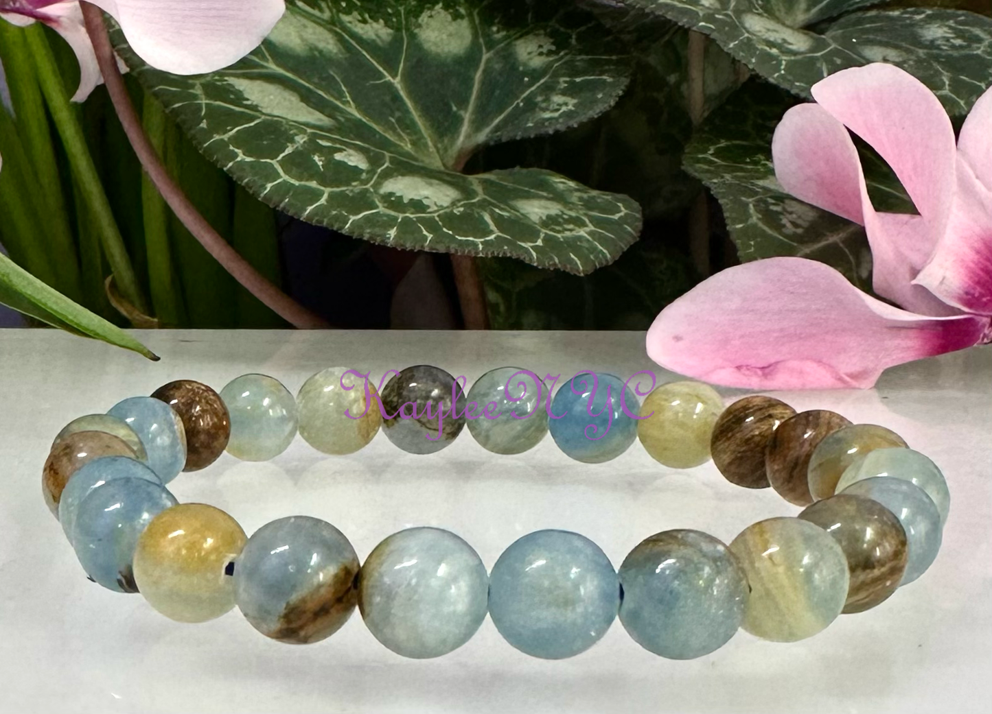 8mm Aquatine Lemurian Calcite Crystal Stretch Bracelet 7.5"
