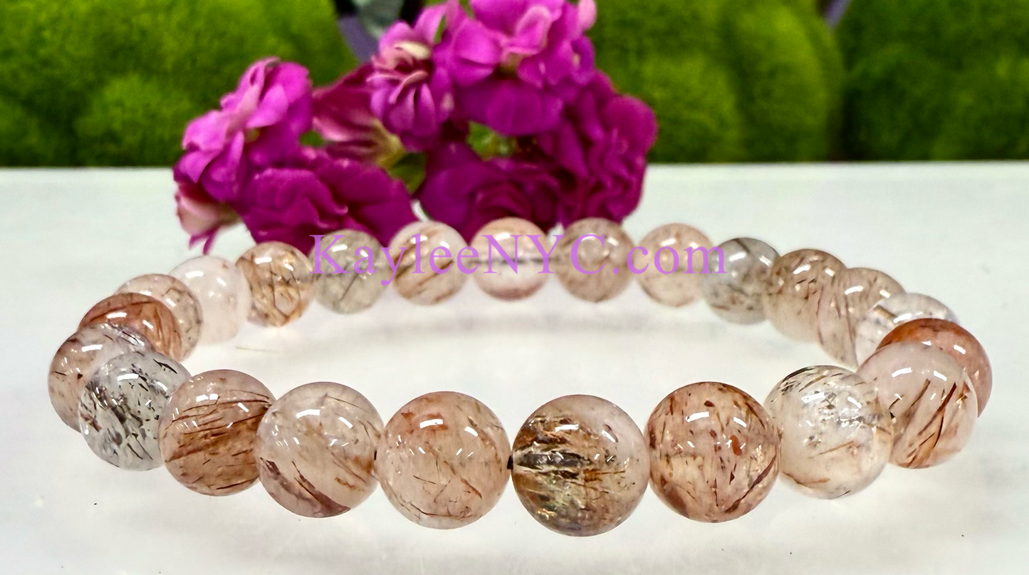 8mm Natural Rutilated Quartz Crystal Stretch Bracelet 7.5"