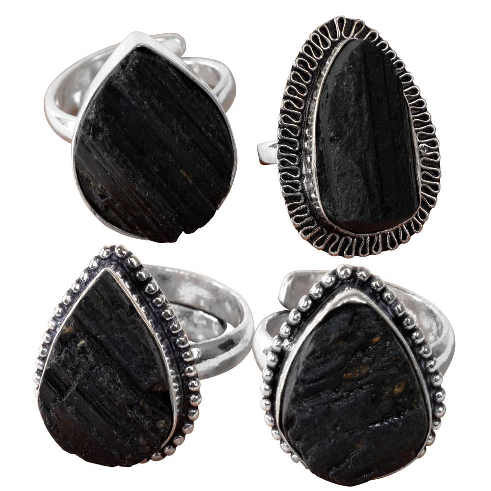 Black Tourmaline Adjustable Brass Ring