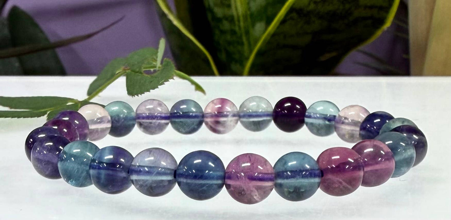 Natural Rainbow Fluorite 8mm Crystal Stretch Bracelet 7.5"