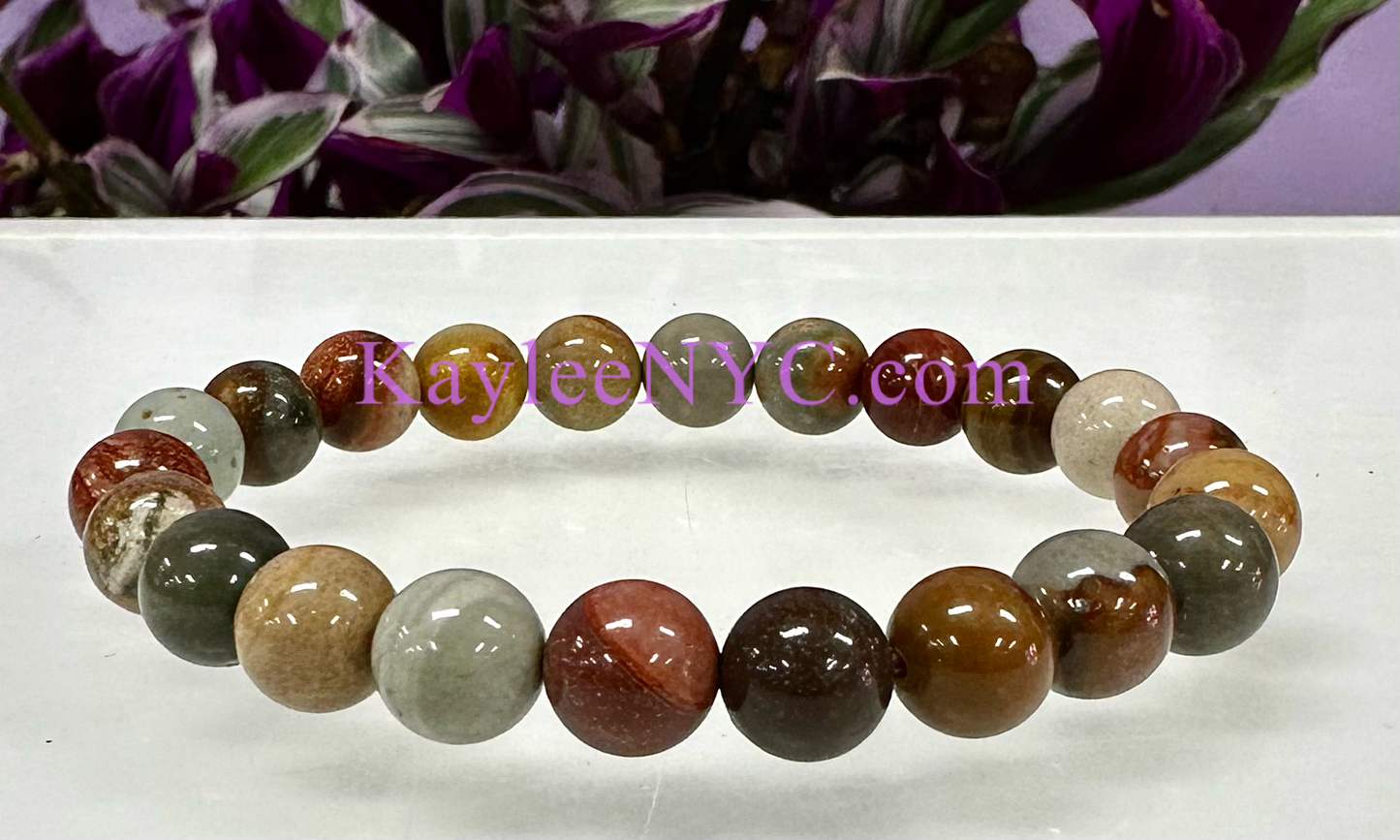 Natural Polychrome Jasper 8mm Crystal Stretch Bracelet 7.5”