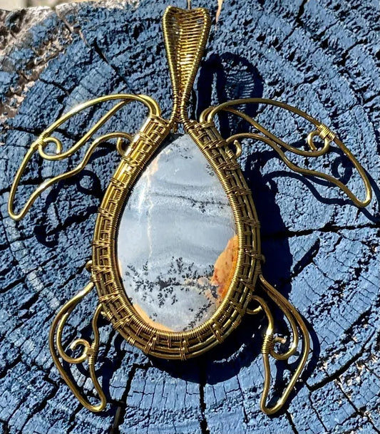 Dendritic Agate Wire Wrapped Turtle Pendent