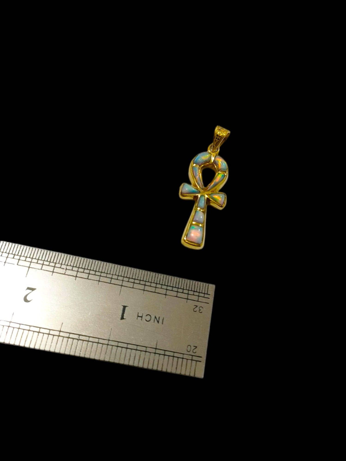 Gold Opal Key Of Life Ankh Pendant, Egyptian Revival Divine Minimalist Necklace: Pendant Only