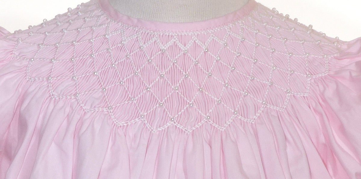 Pink Geometric Smocked Embroidered With Roses Long Sleeve Dress: 6 months