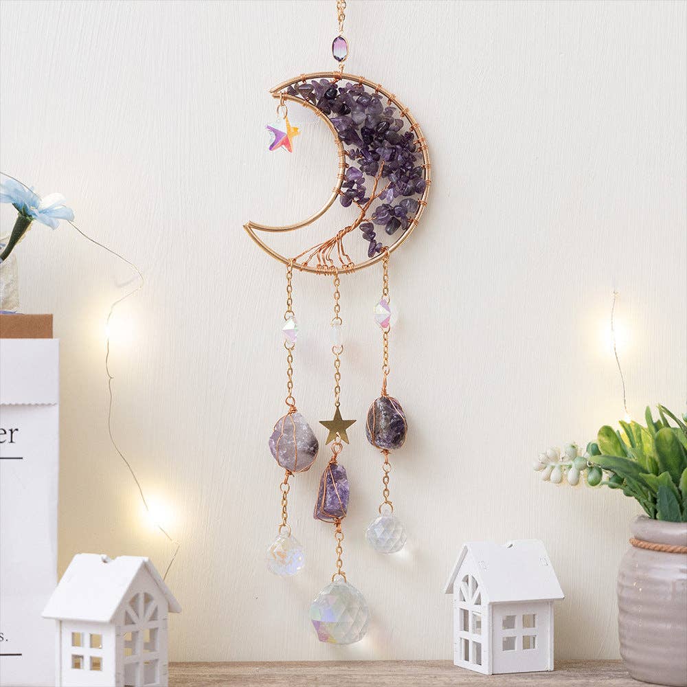 Natural Stone Crystal Moon Shaped Suncatcher 8ZA7HLS08: Purple