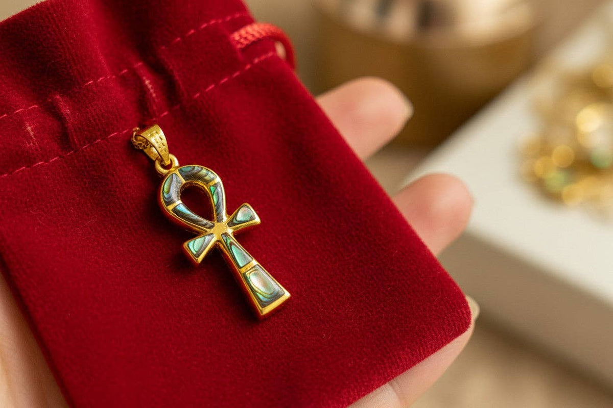 Gold Key of Life Pendant, Egyptian Abalone Ankh Necklace: Pendant Only