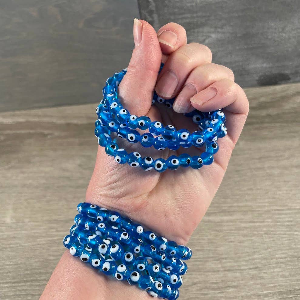 Evil Eye Protection Beaded Bracelet – Wholesale Spiritual Jewelry for Boutiques: Light Blue Glass Only by Each