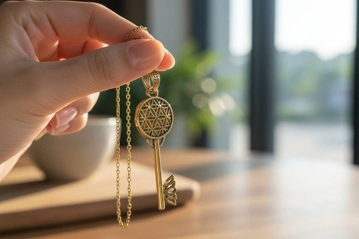Gold Flower of Life Key Pendant, Egyptian Talisman Necklace: Pendant Only