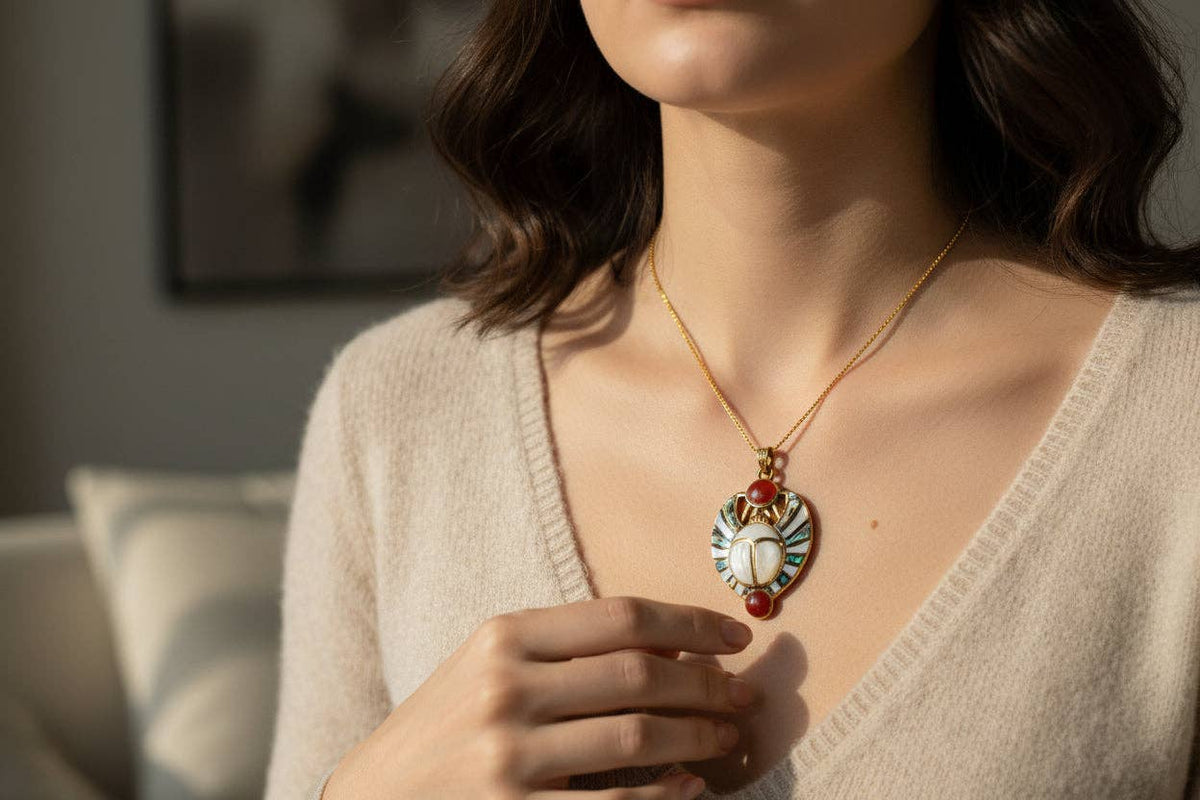 Gold Royal Scarab Pendant Necklace, Mother of Pearl Egyptian Revival Jewelry: Pendant Only