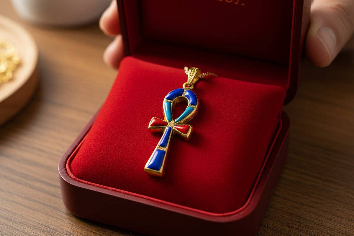 Gold Key Of Life Ankh Pendant Necklace, Lapis Lazuli, Turquoise & Coral Egyptian Jewelry: Pendant Only