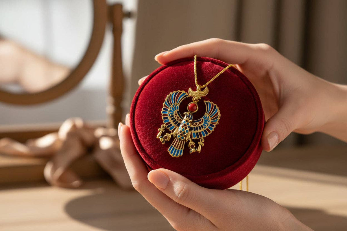 Gold God Horus Large Enamel Pendant, Egyptian Revival Talisman Necklace: Pendant Only