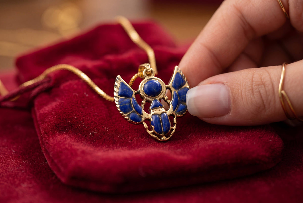 Gold Scarab Lapis Lazuli Pendant Necklace, Egyptian Revival : Pendant Only