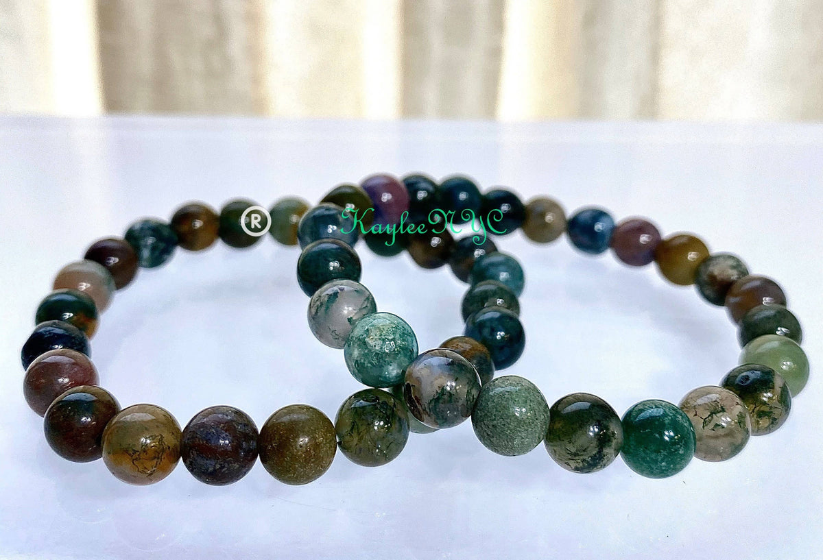 Natural Indian Moss Agate 8mm Crystal Stretch Bracelet 7.5"