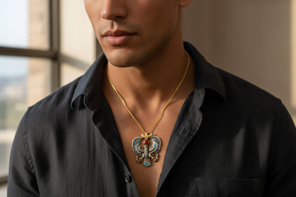 Gold God Horus Large Enamel Pendant, Egyptian Revival Talisman Necklace: Pendant Only