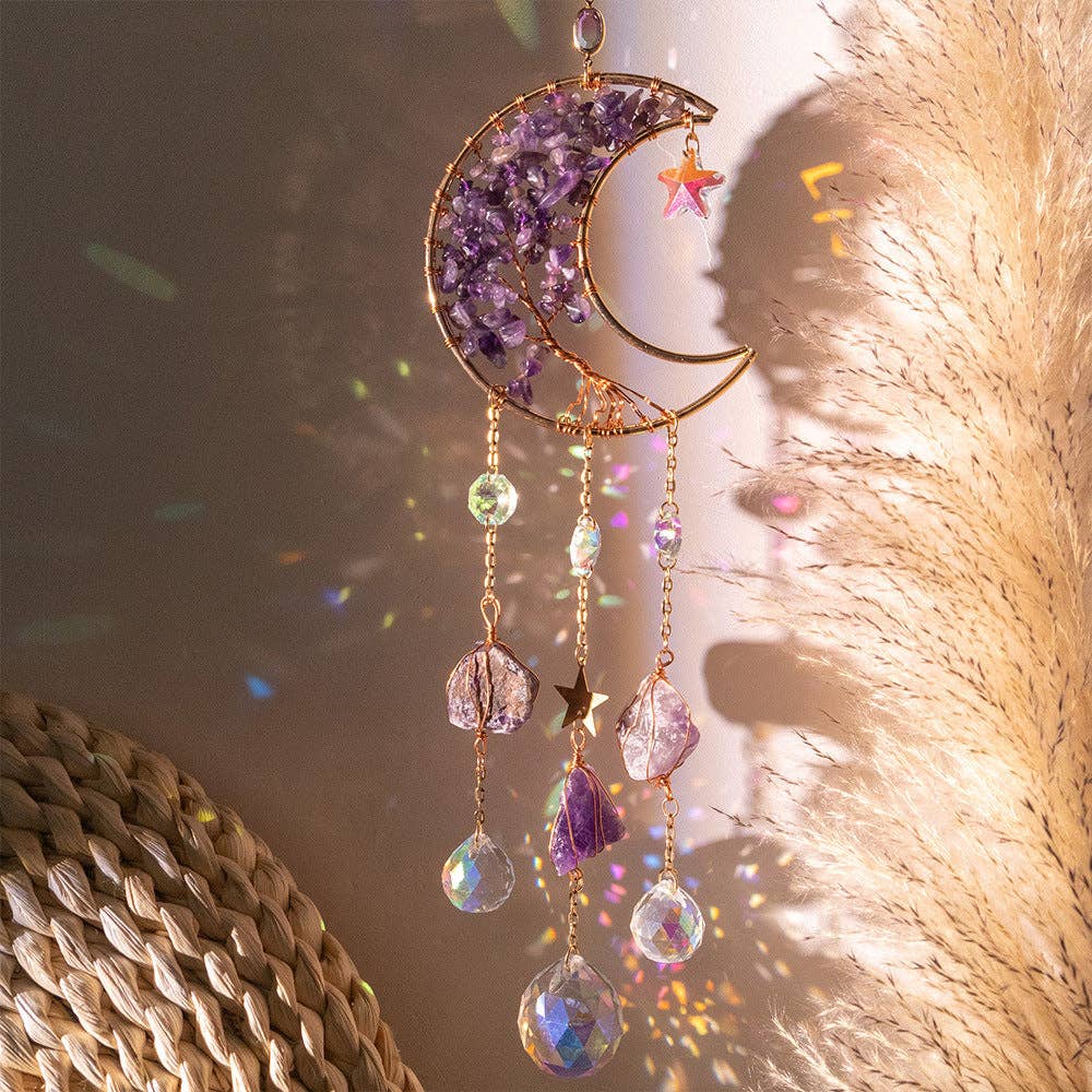 Natural Stone Crystal Moon Shaped Suncatcher 8ZA7HLS08: Purple