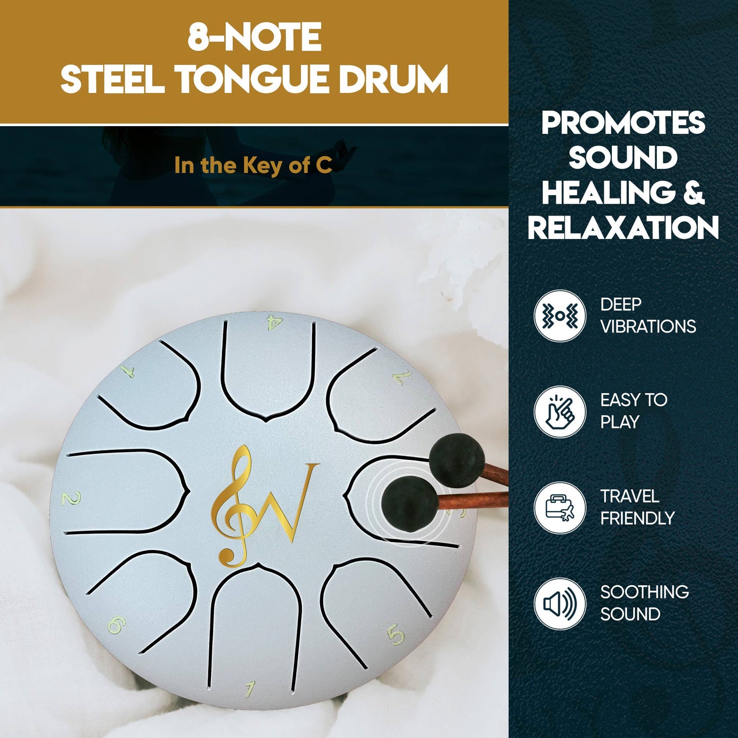 6-Inch 8-Notes Steel Tongue Drum Meditation Rain Drum - White