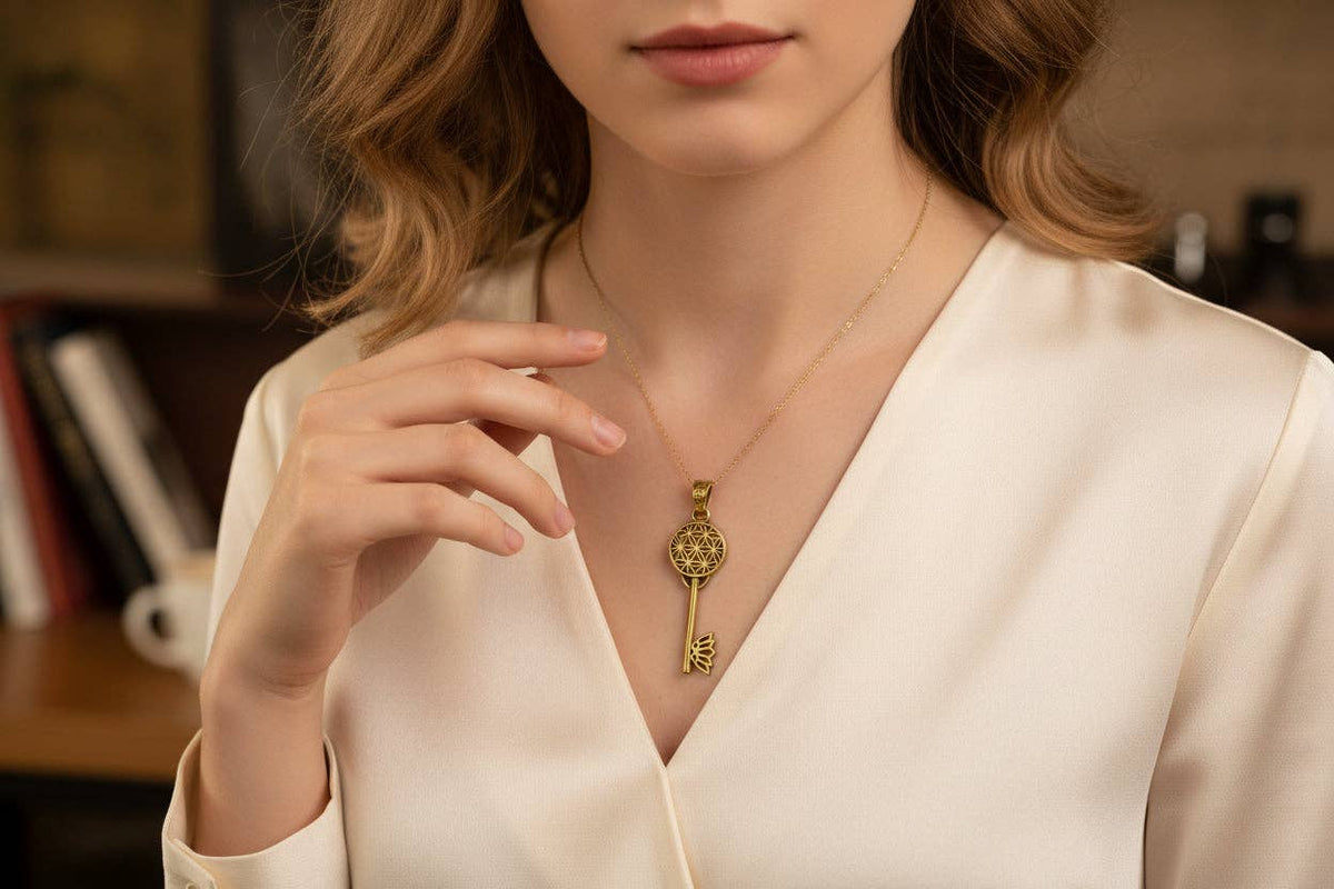 Gold Flower of Life Key Pendant, Egyptian Talisman Necklace: Pendant Only