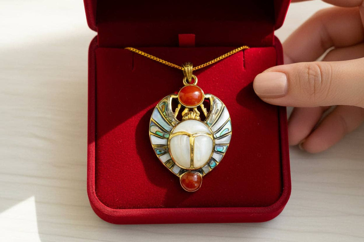 Gold Royal Scarab Pendant Necklace, Mother of Pearl Egyptian Revival Jewelry: Pendant Only