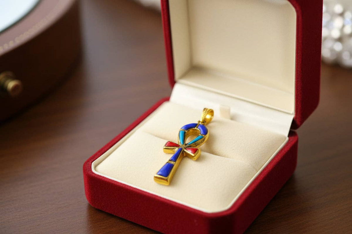 Gold Key Of Life Ankh Pendant Necklace, Lapis Lazuli, Turquoise & Coral Egyptian Jewelry: Pendant Only