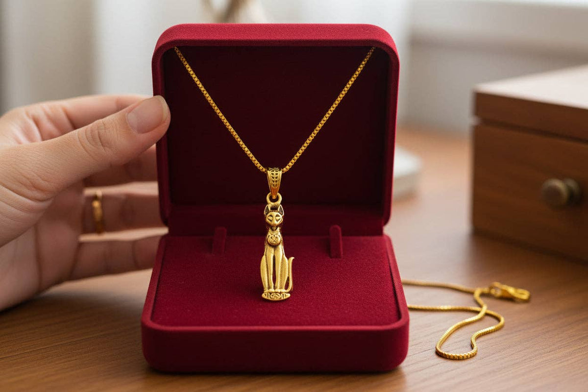 Gold Goddess Bastet Cat Pendant Necklace, Egyptian Revival Jewelry: Pendant Only