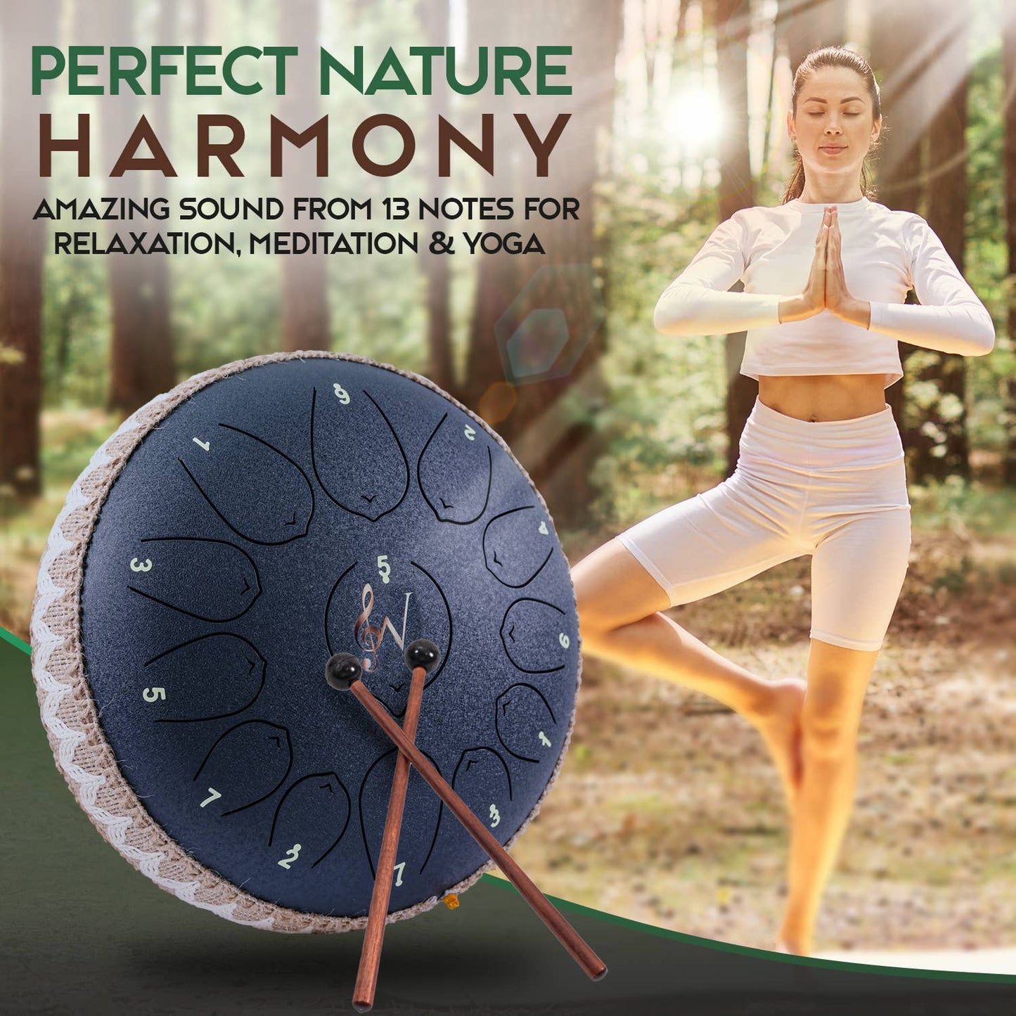 12-Inch Steel Tongue Drum - 13 Notes - Rain Drum - Black