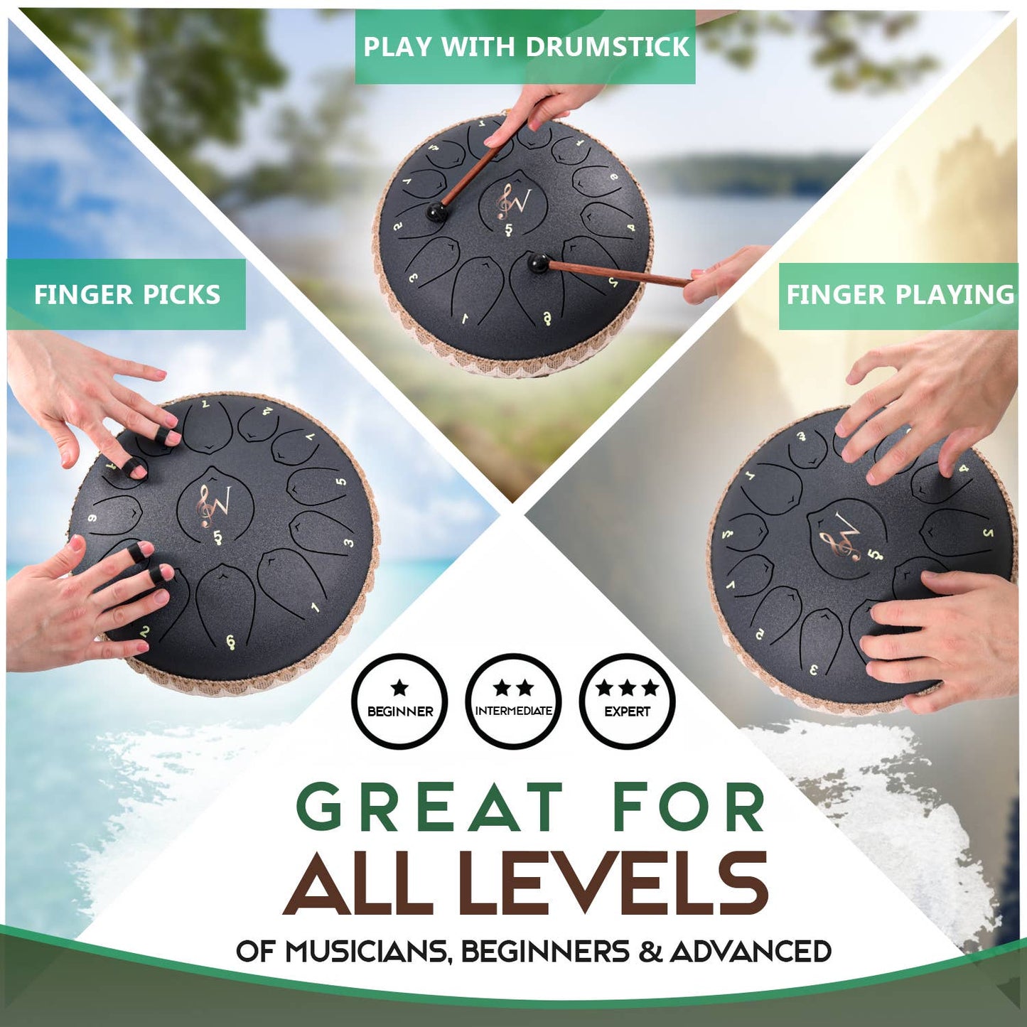 12-Inch Steel Tongue Drum - 13 Notes - Rain Drum - Black