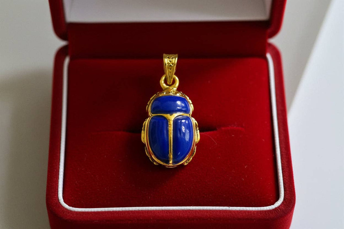 Gold Egyptian Scarab Lapis Lazuli Necklace, Handmade Talisman Divine Pendant: Pendant Only