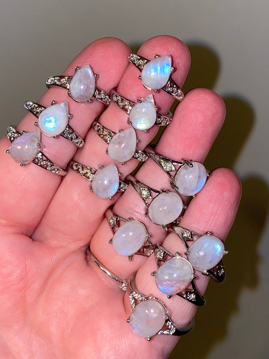 Moonstone Silver Plated Adjustable Rings Bulk Set Rings
