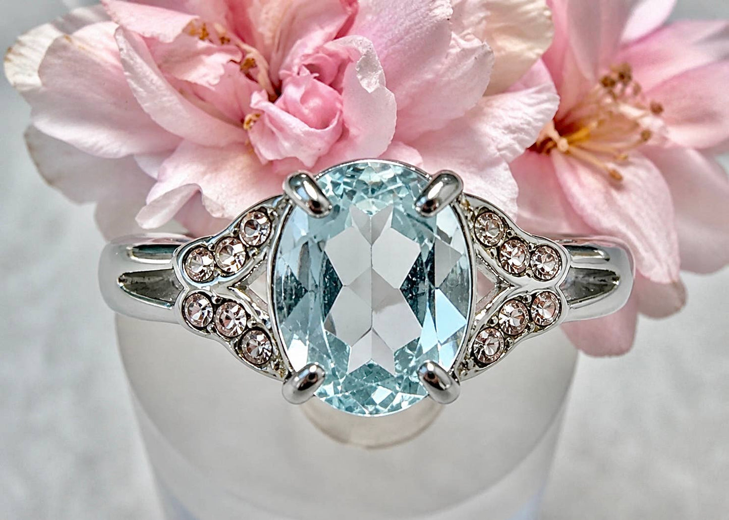 Faceted Natural Blue Topaz Stainless Steel Rings 7x9mm