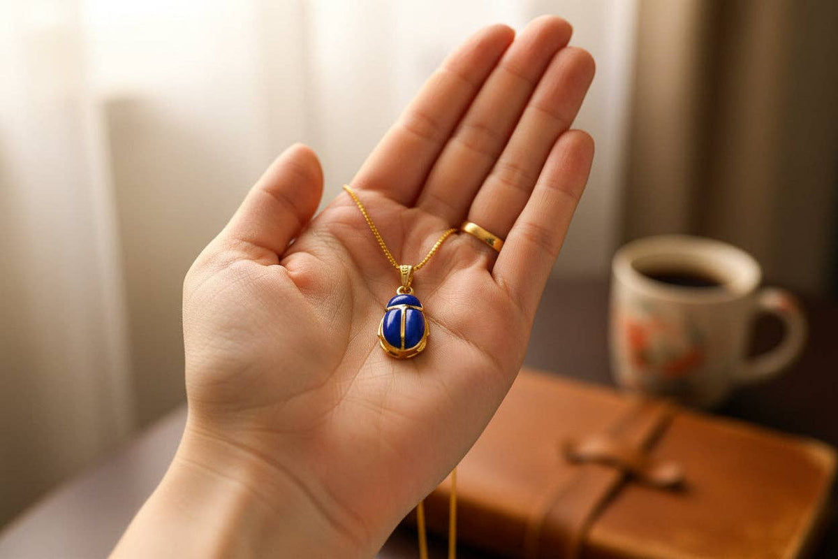 Gold Egyptian Scarab Lapis Lazuli Necklace, Handmade Talisman Divine Pendant: Pendant Only