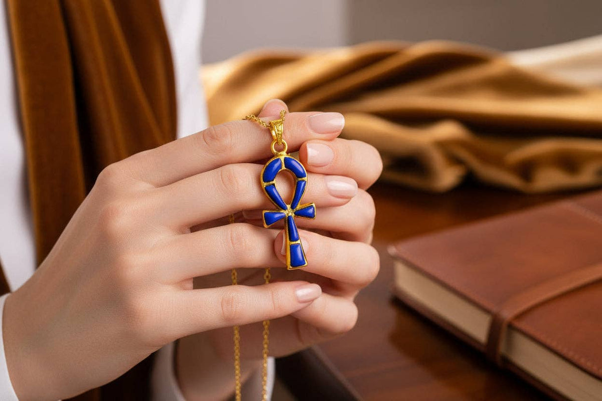 Gold Ankh Lapis Lazuli Pendant Necklace, Egyptian Talisman Jewelry: Pendant Only