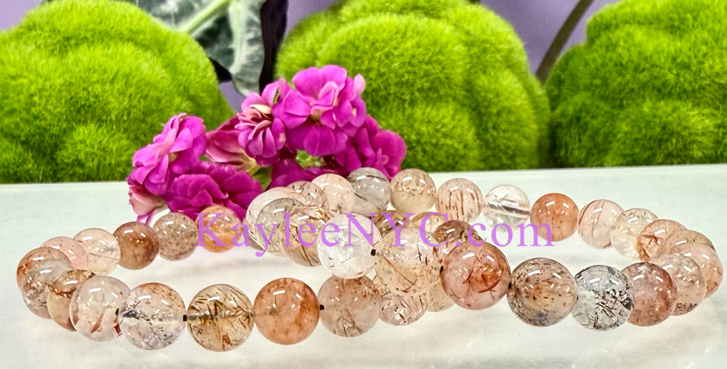 8mm Natural Rutilated Quartz Crystal Stretch Bracelet 7.5"