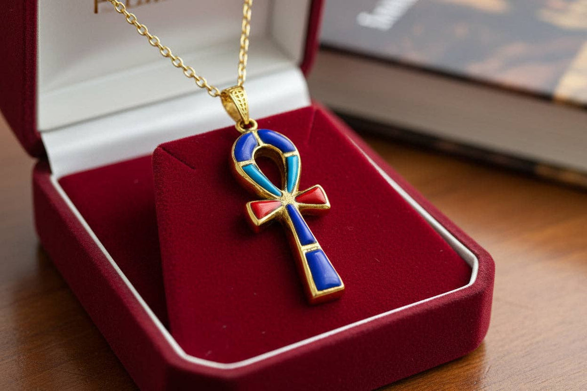 Gold Key Of Life Ankh Pendant Necklace, Lapis Lazuli, Turquoise & Coral Egyptian Jewelry: Pendant Only