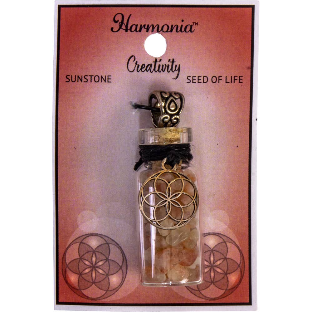 Gemstone Chip Bottle Necklace - Sunstone w/ Seed of Life