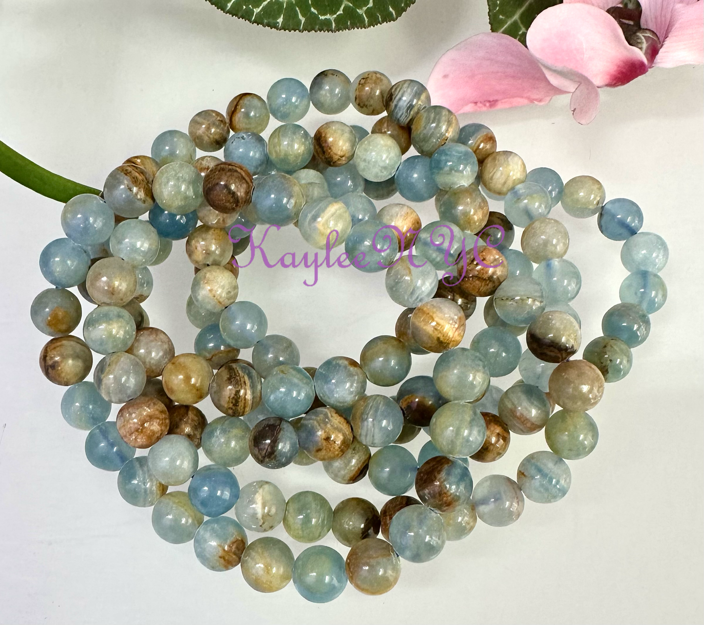 8mm Aquatine Lemurian Calcite Crystal Stretch Bracelet 7.5"