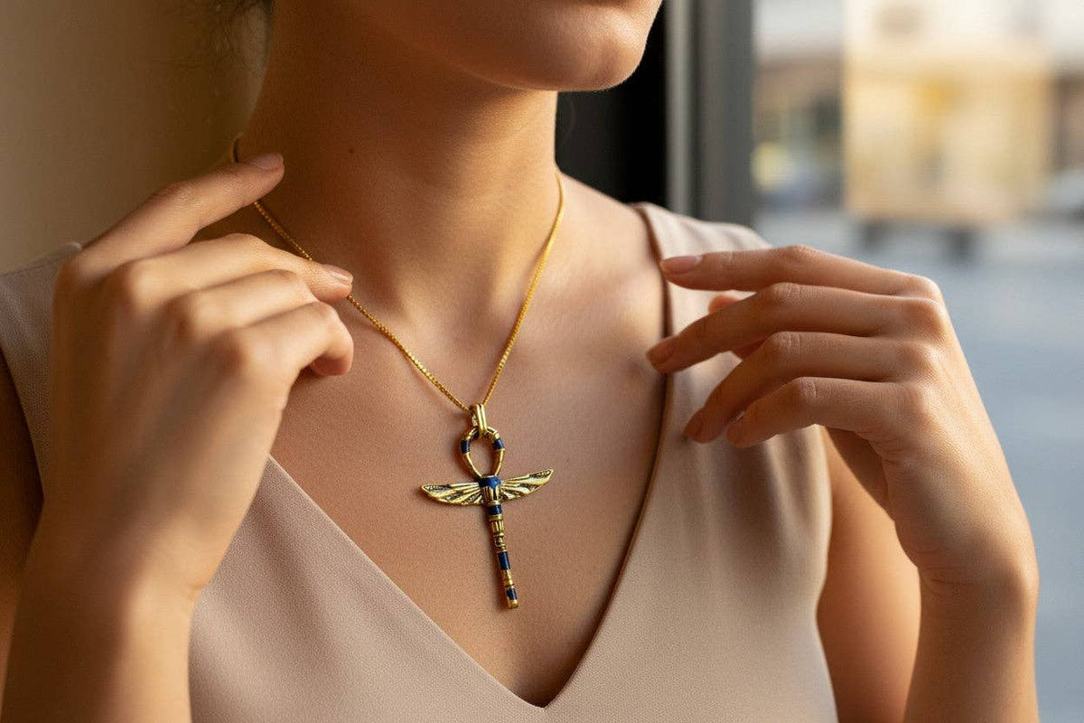 Gold Winged Ankh Pendant Necklace, Egyptian Key of Life Talisman: Pendant Only