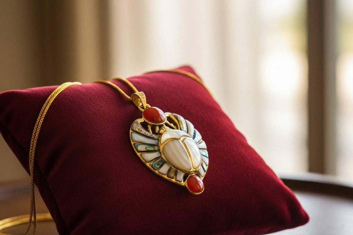 Gold Royal Scarab Pendant Necklace, Mother of Pearl Egyptian Revival Jewelry: Pendant Only