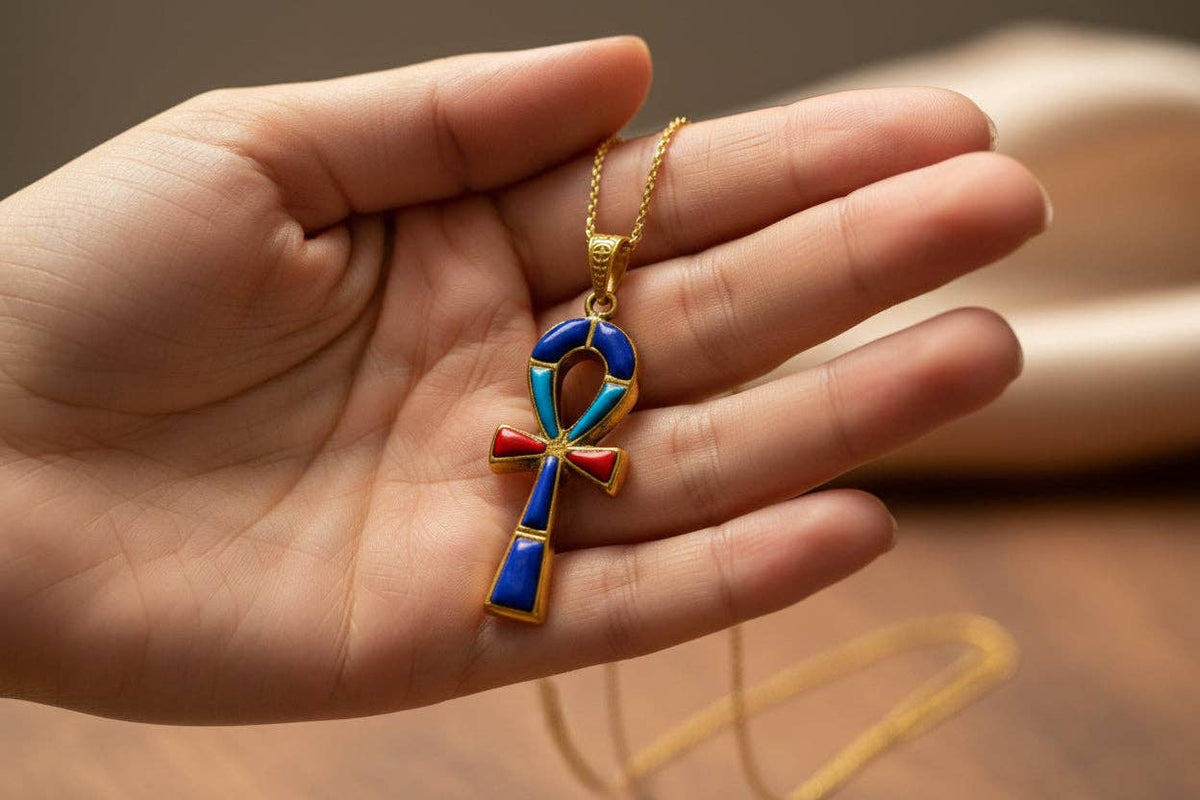 Gold Key Of Life Ankh Pendant Necklace, Lapis Lazuli, Turquoise & Coral Egyptian Jewelry: Pendant Only