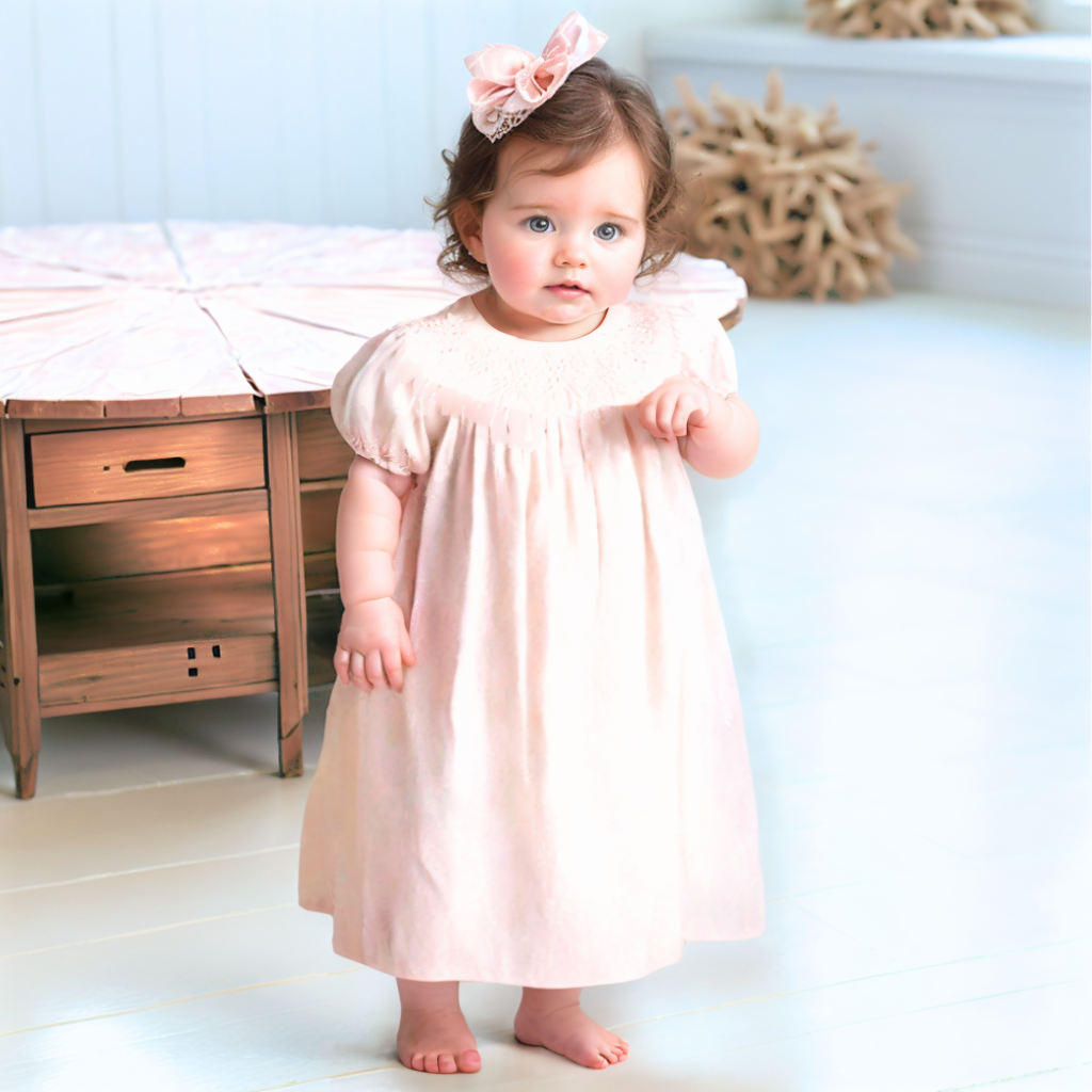 Light Pink Geometric Smocked with Pearl Short Sleeve Bishop Dress: 3 months