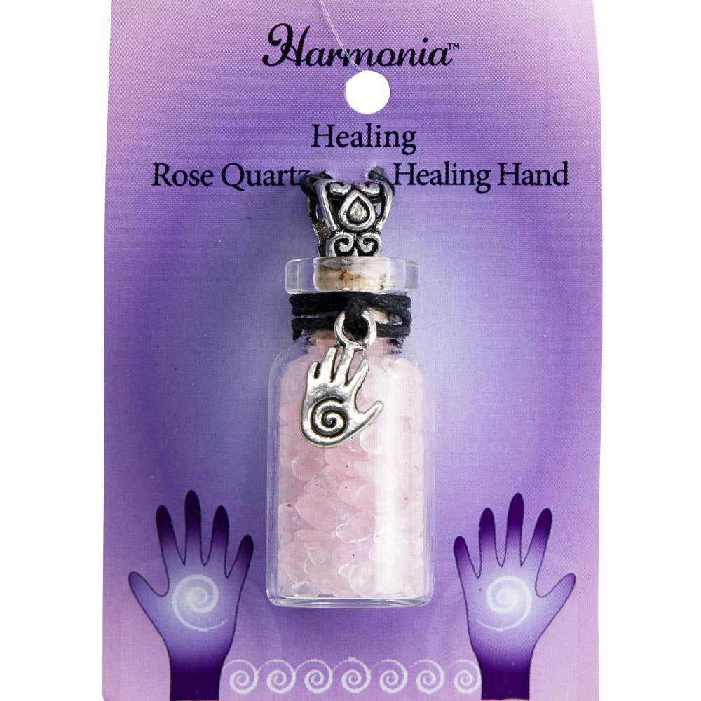Gemstone Chip Bottle Necklace - Rose Quartz w/ Healing Hand