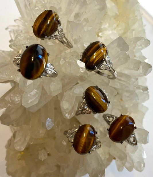 6 pcs Natural Tiger Eye Ring White Bronze