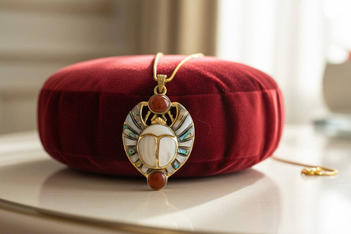 Gold Royal Scarab Pendant Necklace, Mother of Pearl Egyptian Revival Jewelry: Pendant Only