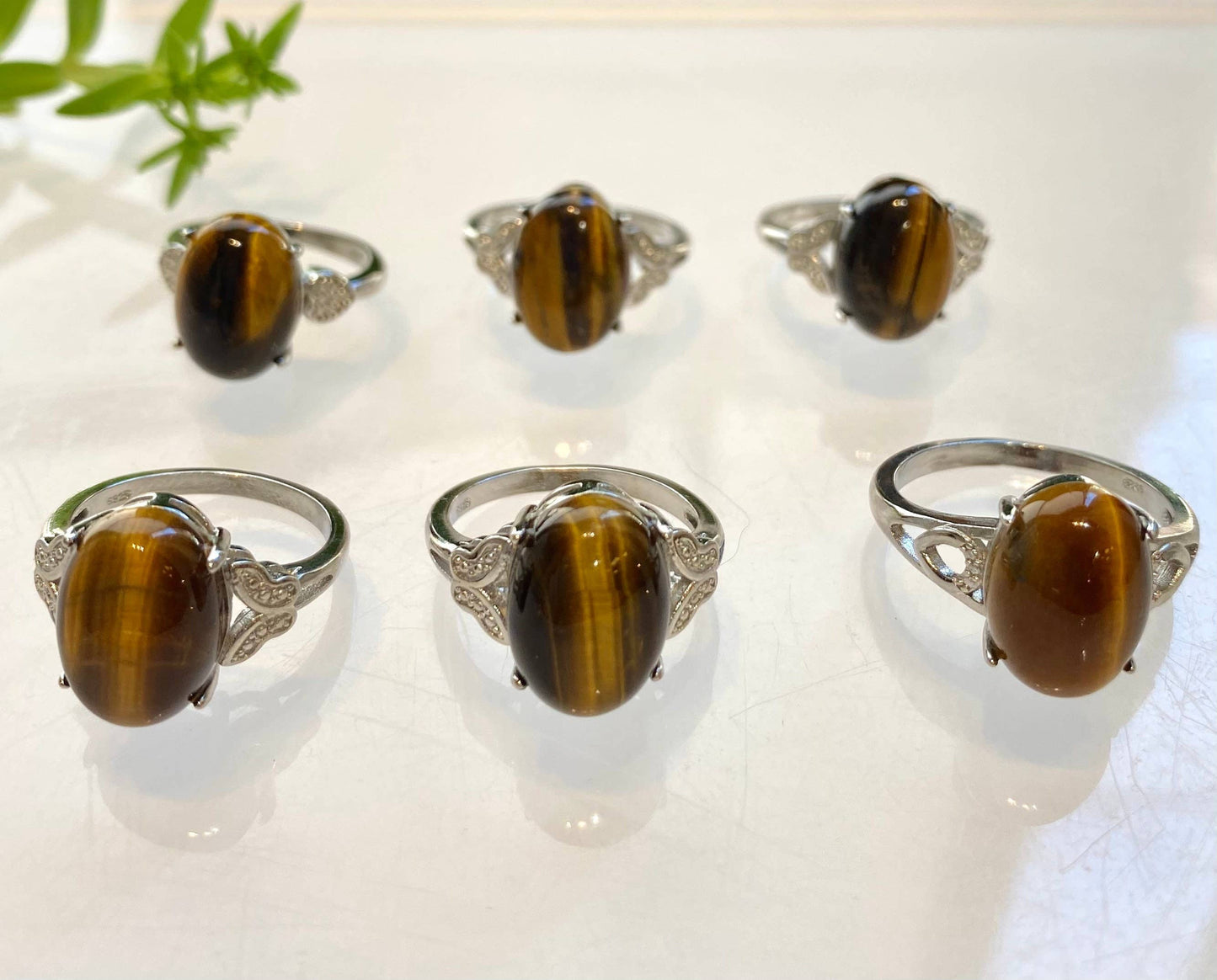 6 pcs Natural Tiger Eye Ring White Bronze