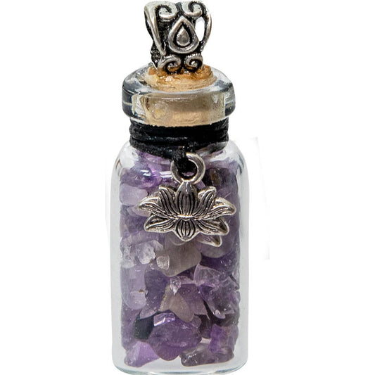 Gemstone Chip Bottle Necklace - Amethyst w/ Lotus (Each)