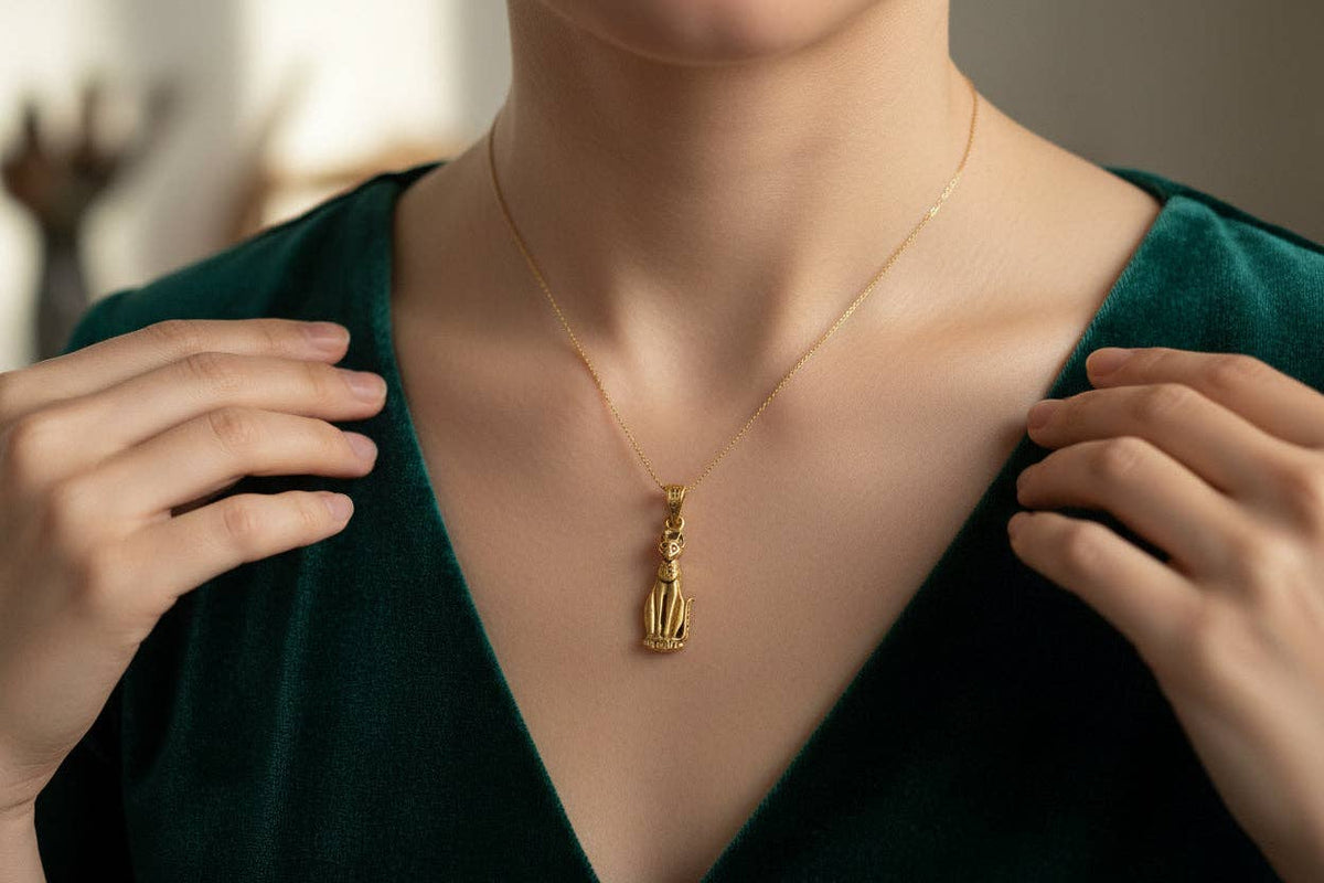 Gold Goddess Bastet Cat Pendant Necklace, Egyptian Revival Jewelry: Pendant Only