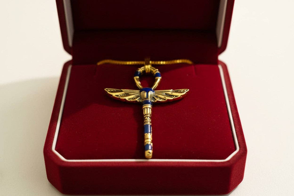 Gold Winged Ankh Pendant Necklace, Egyptian Key of Life Talisman: Pendant Only