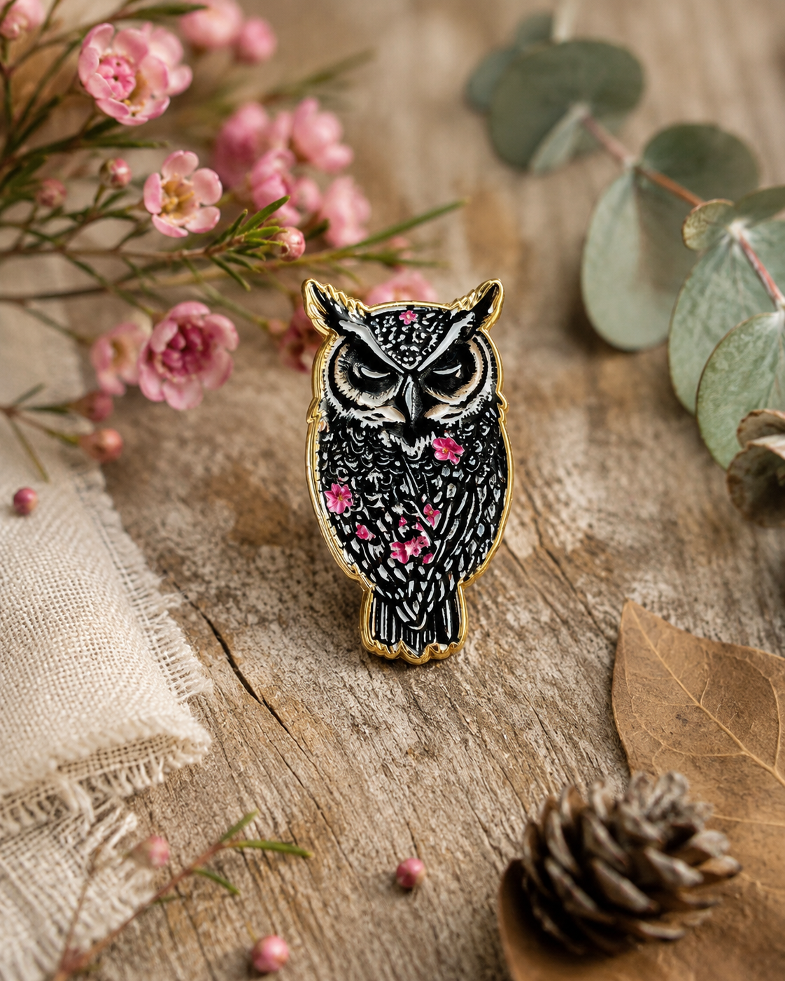 Midnight Bloom Folk Owl Pin