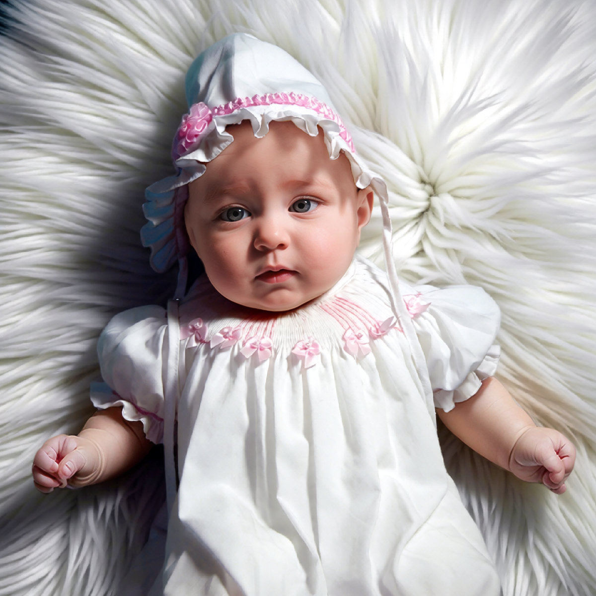 White Smocked Short Sleeve Dress with Pink Ribbon Bows and Bonnet: 3 months