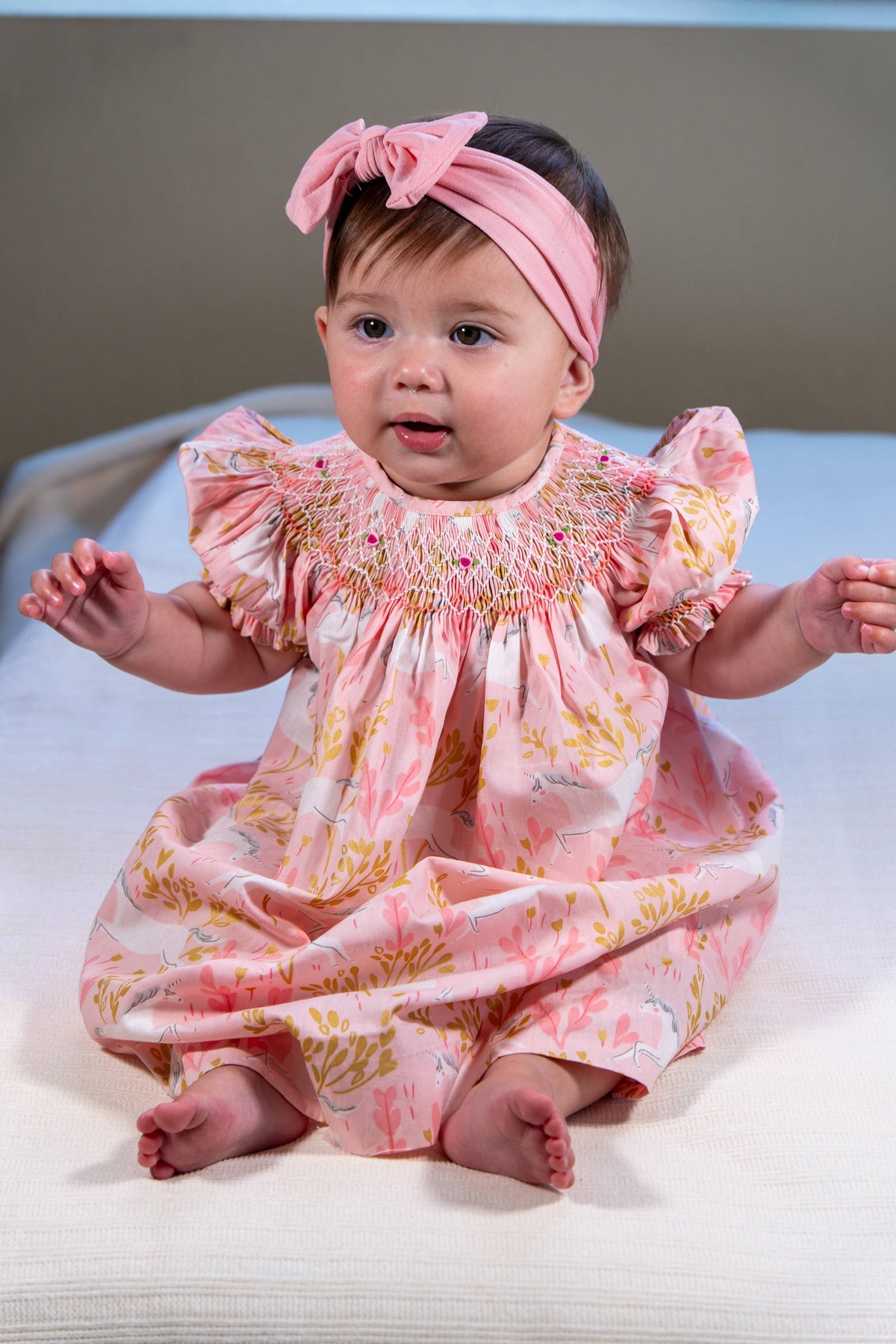 Pink Geo Smocked with Unicorn Print Short Sleeve Bishop Dress: 0-3 months